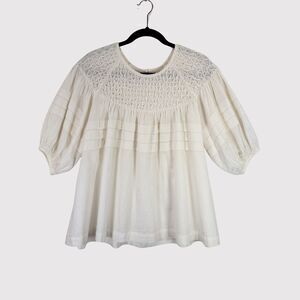 Vita Grace Womens Top Beige Textured Pleated 3/4 Sleeve Blouse Babydoll Large